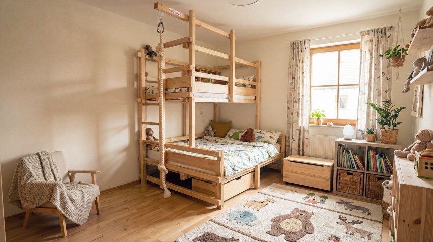 Etagenbett mit Schlafebene und breiterer Ebene darunter (Etagenbett-unten-breit)