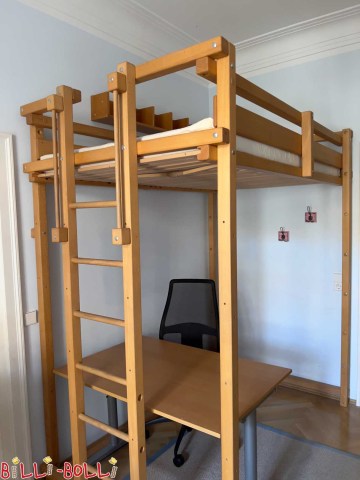 Studenten-Hochbett in 120x200 aus Buche mit Schreibtisch darunter (Studenten-Hochbett)