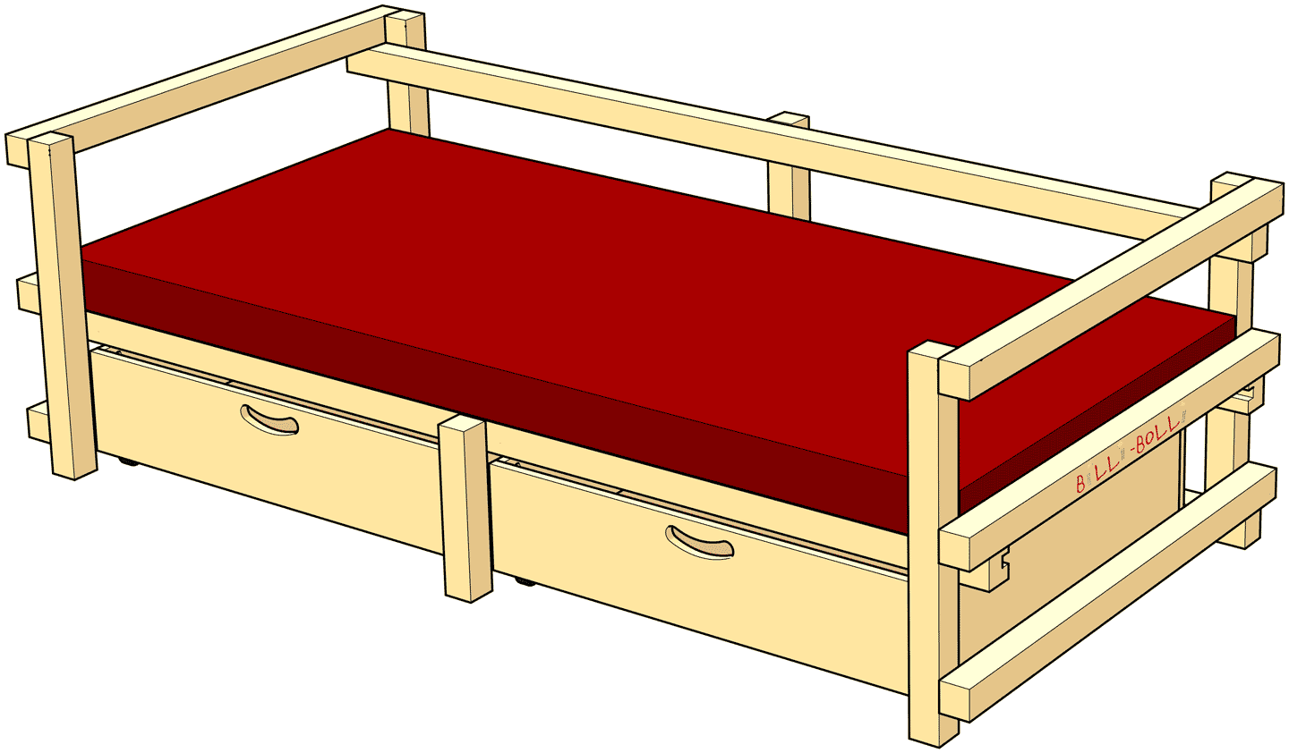 Jugendbett niedrig Typ D: mit hohen Seiten und Rückenlehne