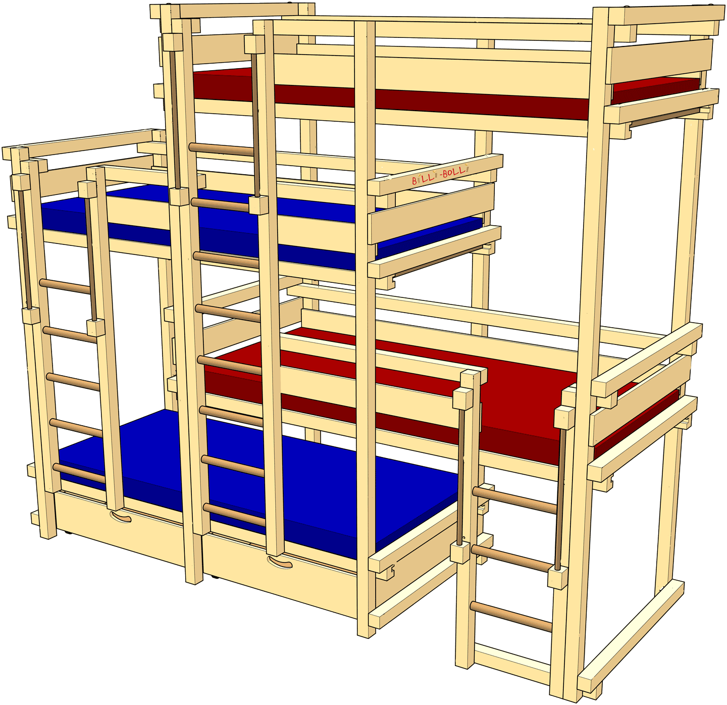 Vierer-Etagenbett-seitlich-versetzt für 4 Kinder