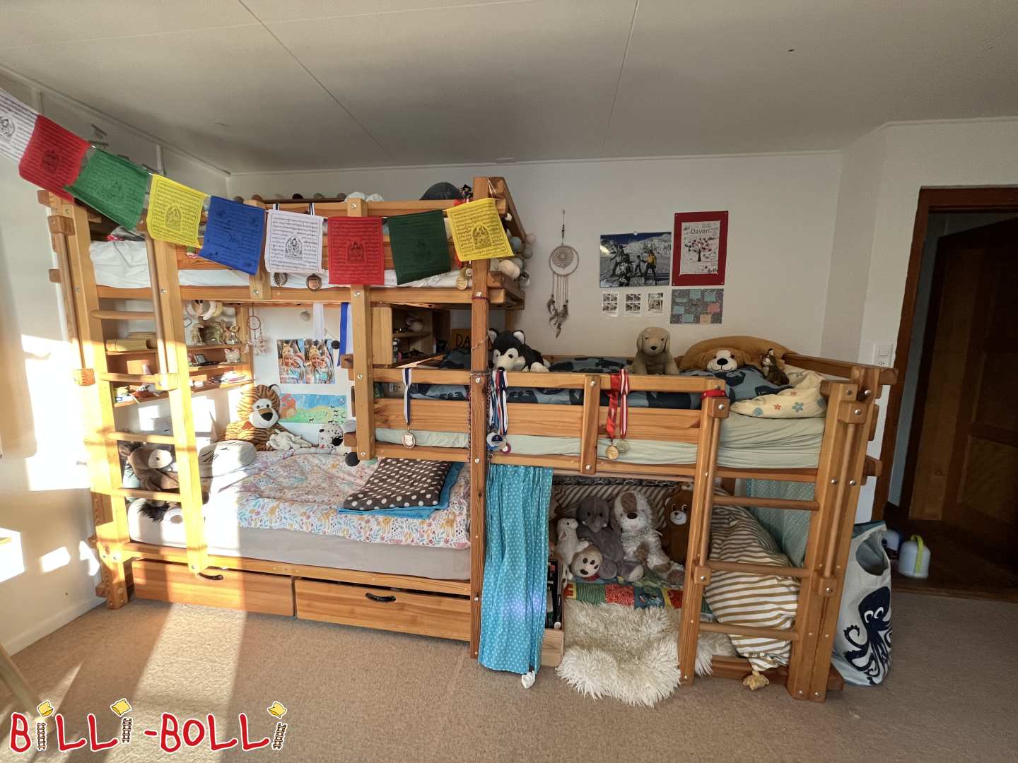 3er Etagenbett Typ1C, 3/4 versetzt, Kiefer, geölt gewachst, 90x190 (Kategorie: Dreier-Etagenbetten gebraucht)