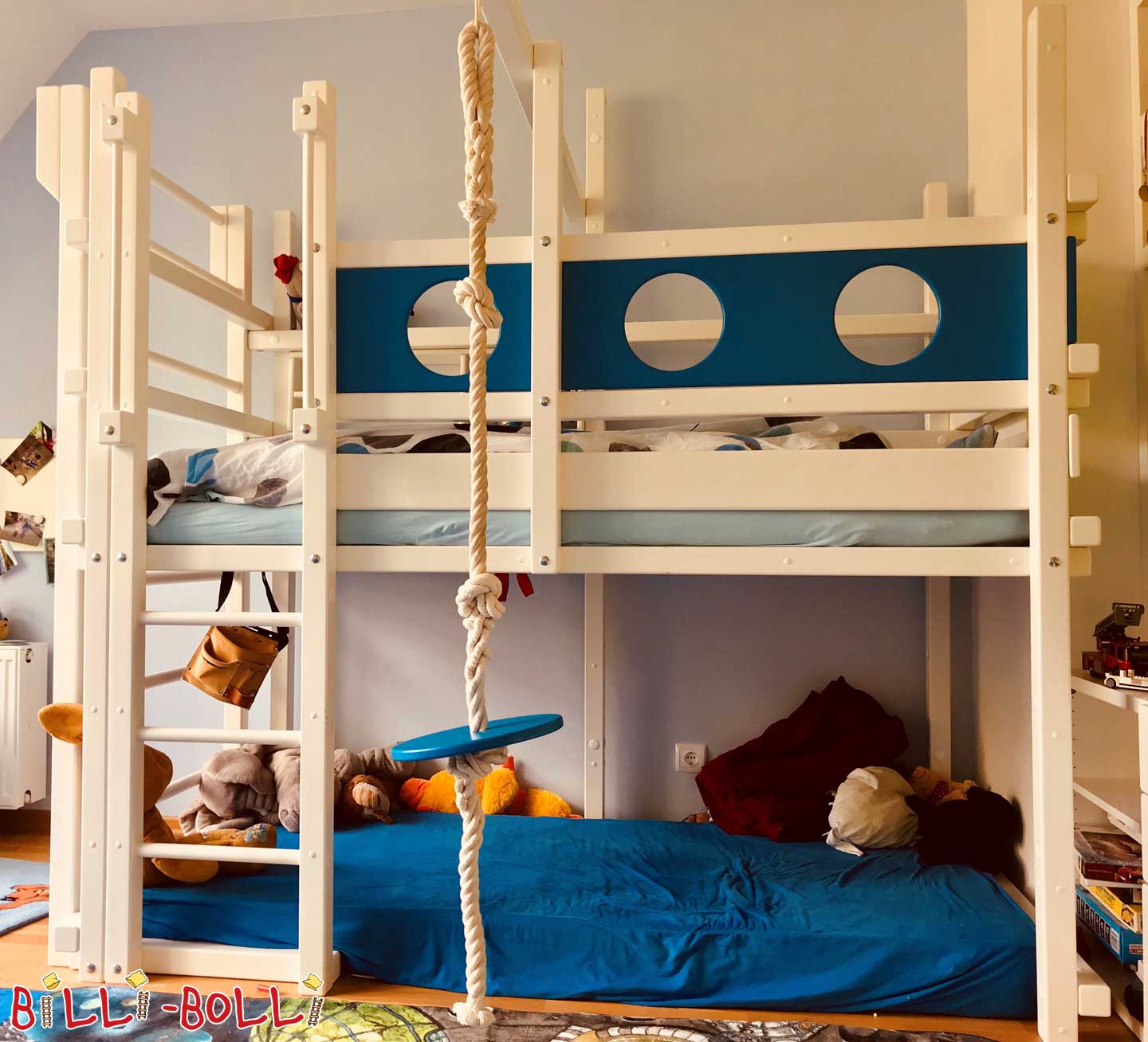Abenteuerhochbett mitwachsend (Buche lackiert weiß/blau) (Kategorie: Hochbett gebraucht)