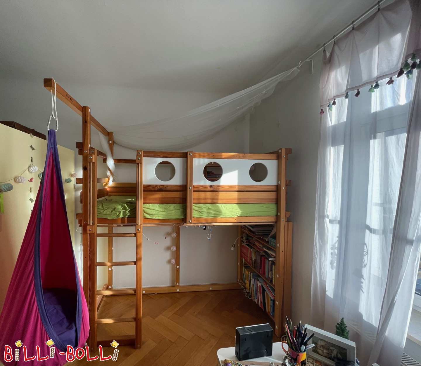 Billi-Bolli Hochbett mitwachsend, 90x200 cm, Kiefer geölt mit Zubehör (Kategorie: Hochbett mitwachsend gebraucht)