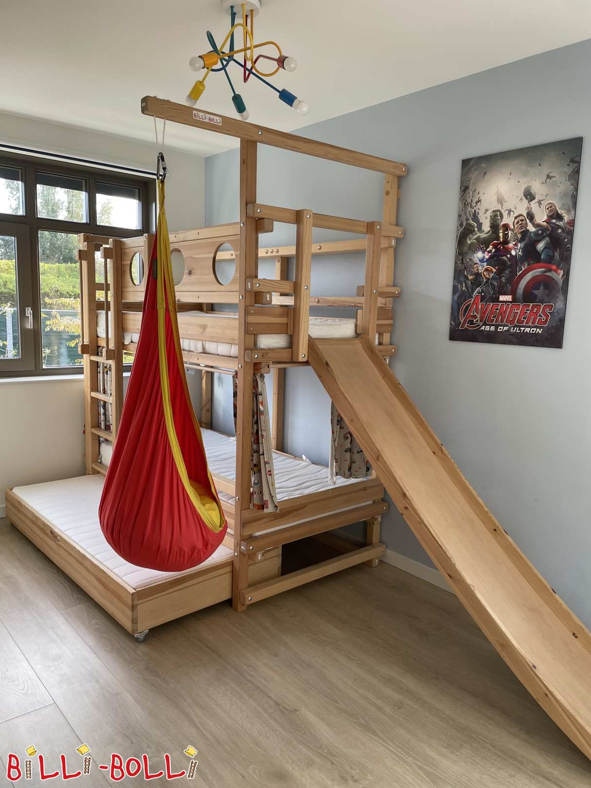 Etagenbett + Schubladenbett, Rutsche, Bullaugen & Hängehöhle (90x200) (Kategorie: Etagenbett gebraucht)