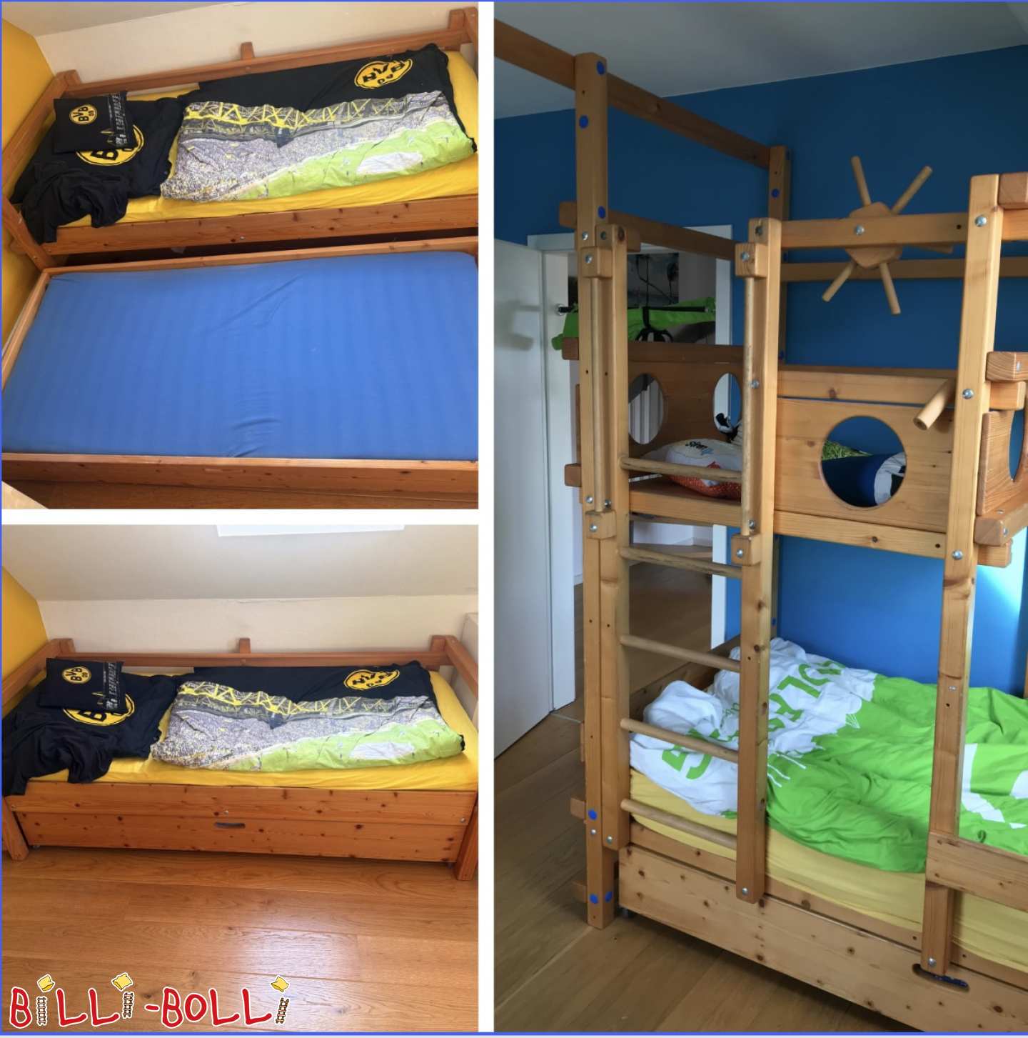 Dachrägenbett mit Spielturm und zusätzlichem Ausziehbett (Kategorie: Dachschrägenbett gebraucht)