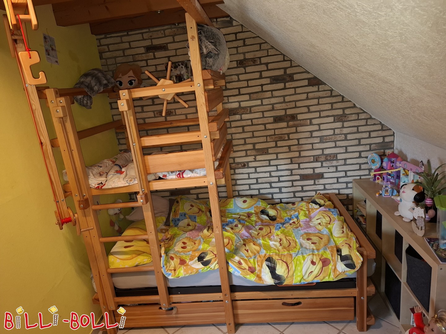 Dachschrägenbett 100x200 – Kiefer massiv geölt – Inkl. Kran & Zubehör (Kategorie: Dachschrägenbett gebraucht)
