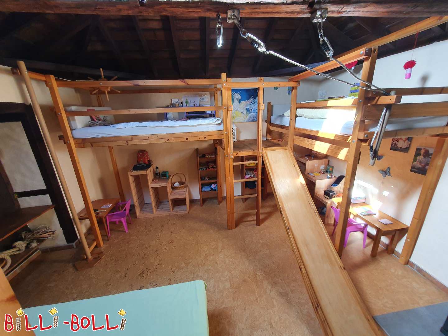 Doppel Spielbett mit Rutschenturm, Kletterstange, Schaukelteller, etc (Kategorie: Hochbett mitwachsend gebraucht)