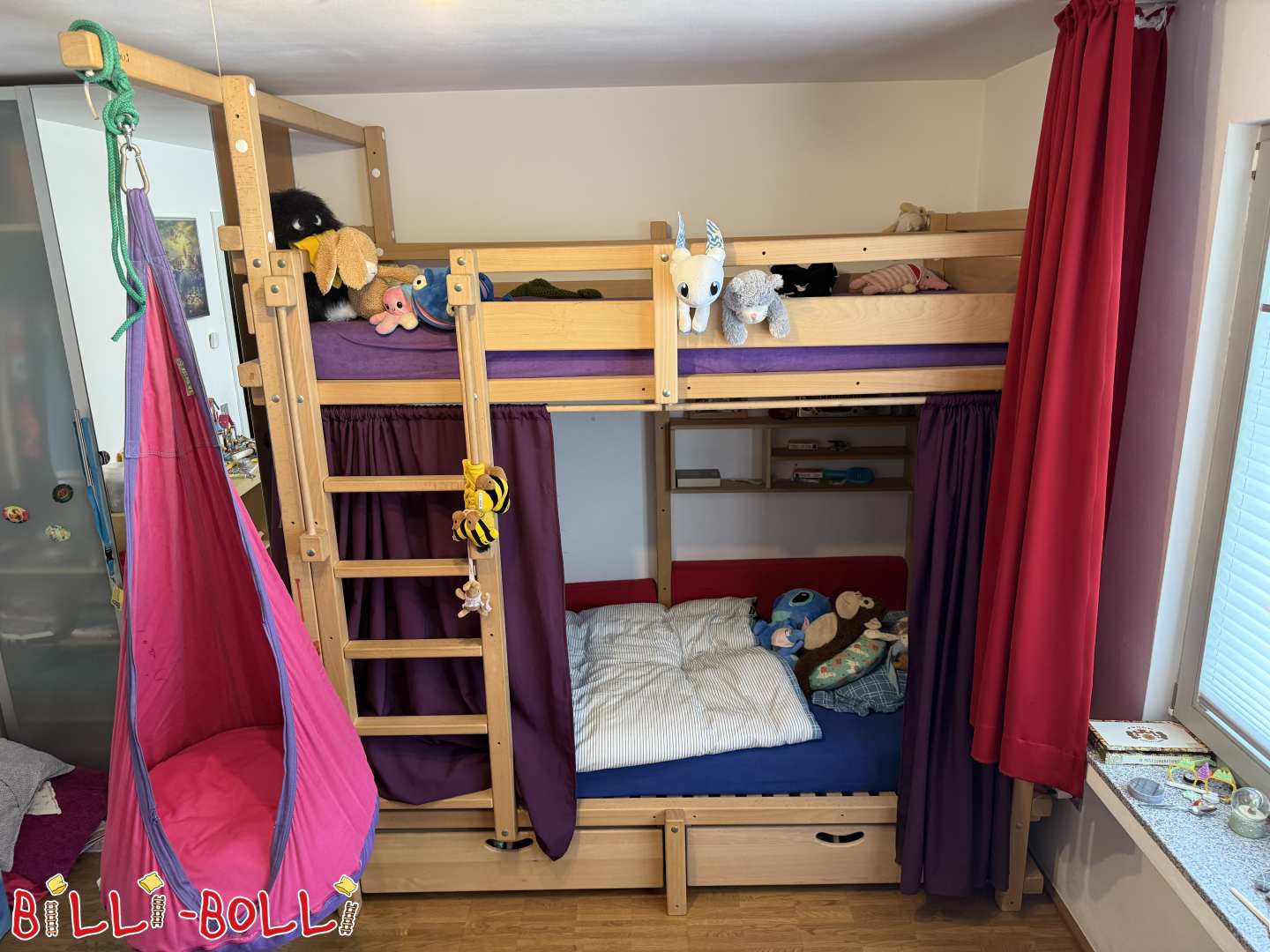 Doppelbett / mitwachsendes Hochbett 100x200 in Buche mit Zubehör (Kategorie: Jugend-Hochbett gebraucht)