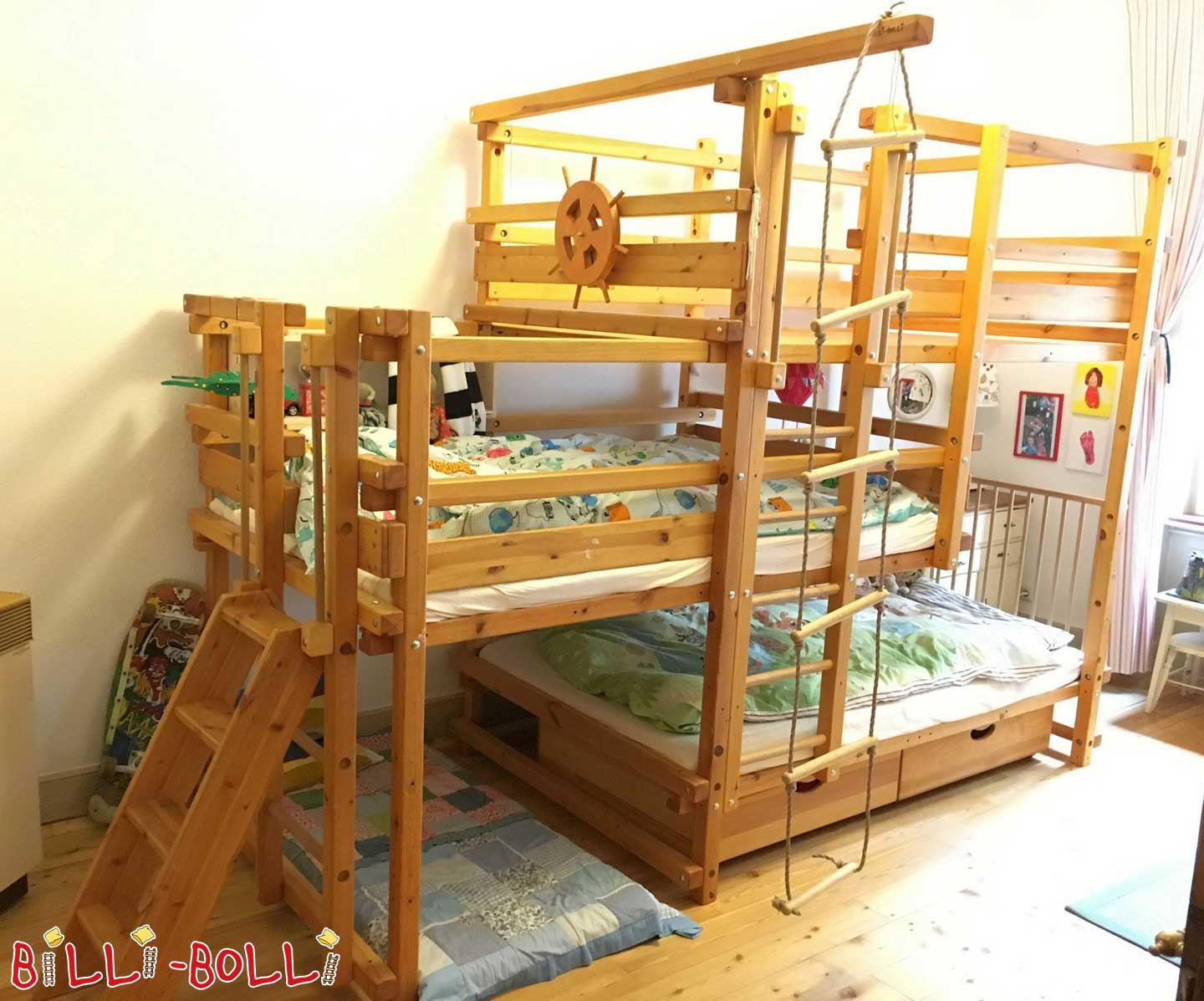 Dreier-Bett Typ 2B, 120 x 200 cm, Kiefer honigfarben geölt (Kategorie: Kindermöbel gebraucht)