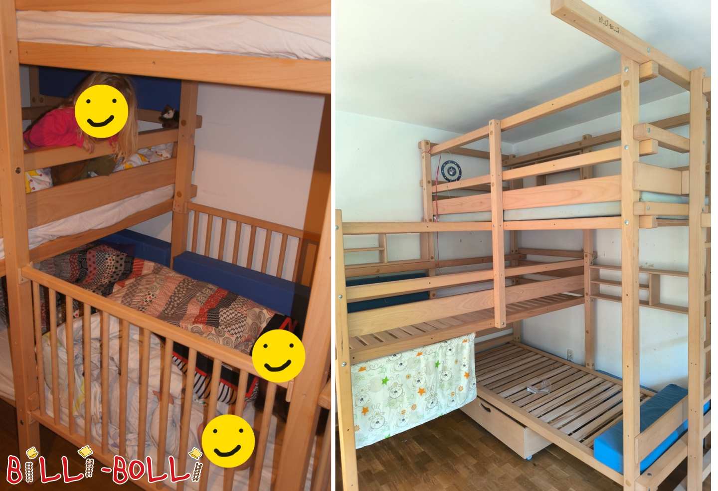 Dreierbett über Eck 90x200, Buche, Babygitter, Regale, Polster uvm. (Kategorie: Dreier-Etagenbetten gebraucht)