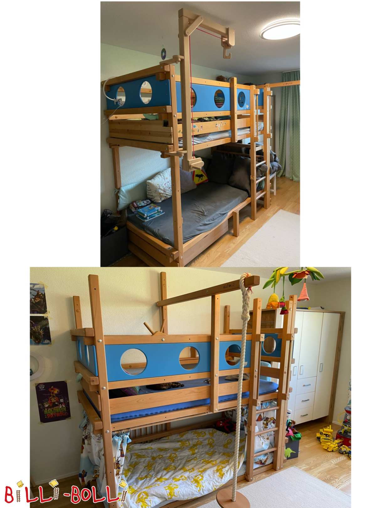 Etagenbett 100x200 cm mit Kletterseil/Tellerschaukel, Steuerrad, Kran (Kategorie: Etagenbett gebraucht)