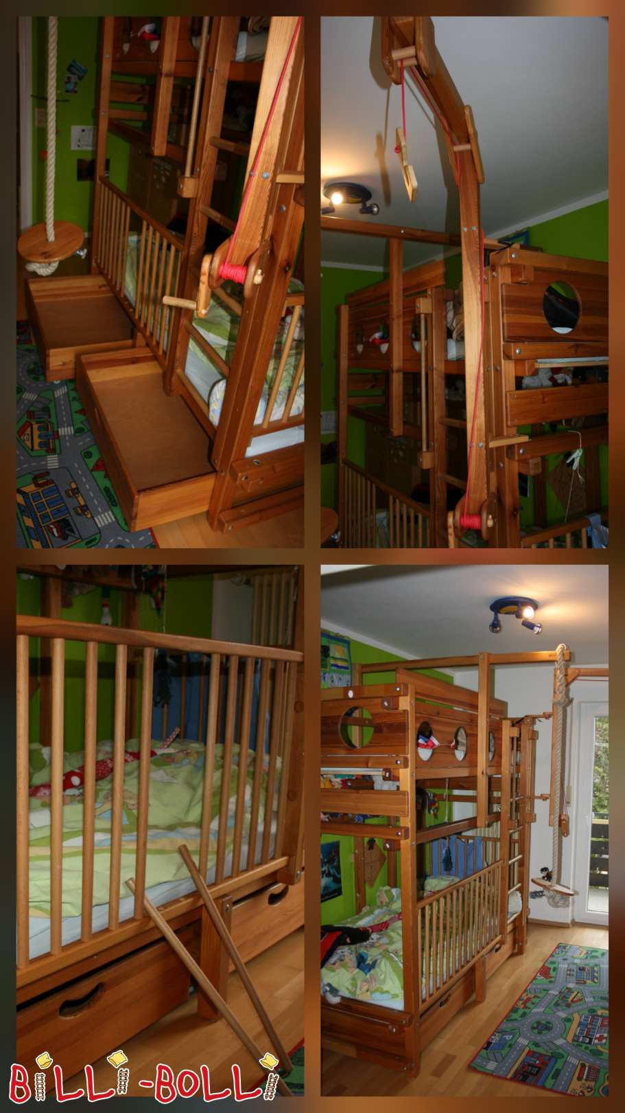 Etagenbett, 90 x 190 cm, Kiefer unbehandelt, Spielkran, Tellerschaukel (Kategorie: Etagenbett gebraucht)