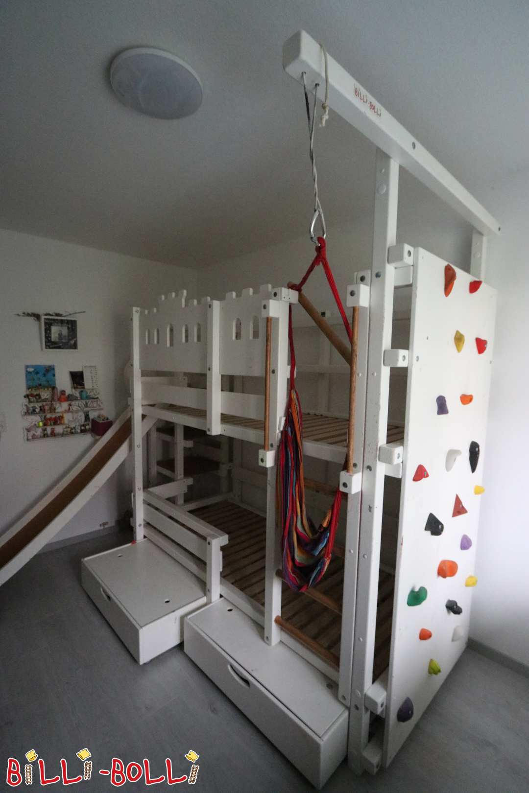 Etagenbett 90x200cm, mit Rutschenturm, Schaukel, Kletterwand+Schublade (Kategorie: Etagenbett gebraucht)