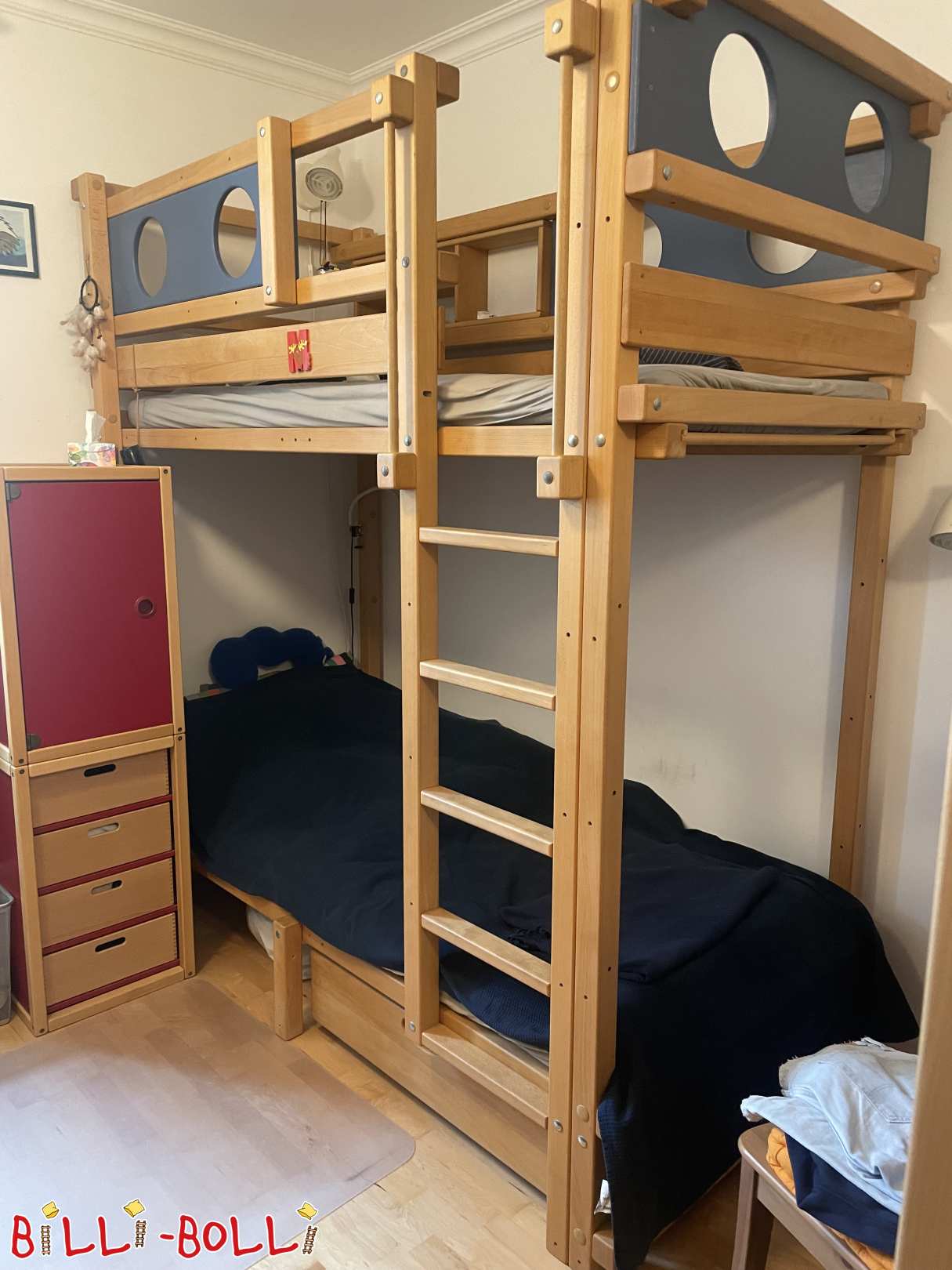 Etagenbett Buche gewachst mit kleinem Regal und Bettkasten (Kategorie: Etagenbett gebraucht)