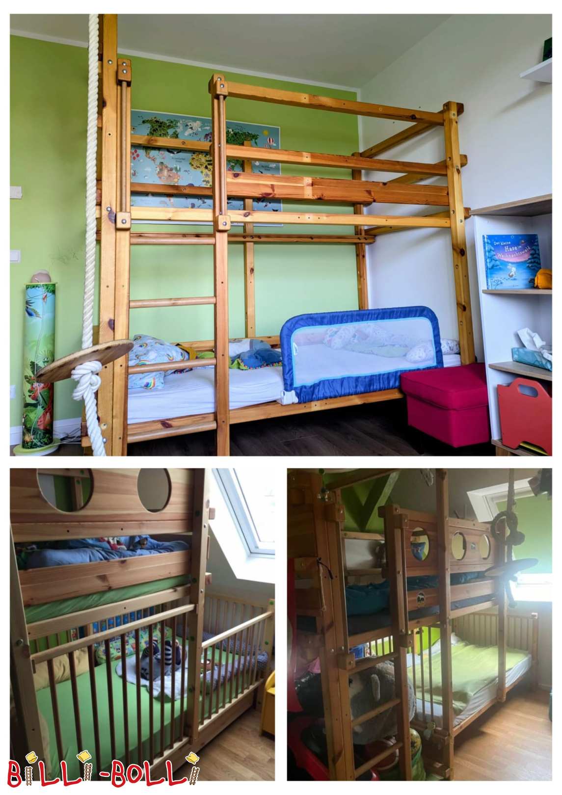 Etagenbett seitlich-versetzt Kiefer geölt 100x200 Bullaugen Babygitter (Kategorie: Etagenbett-seitlich-versetzt gebraucht)