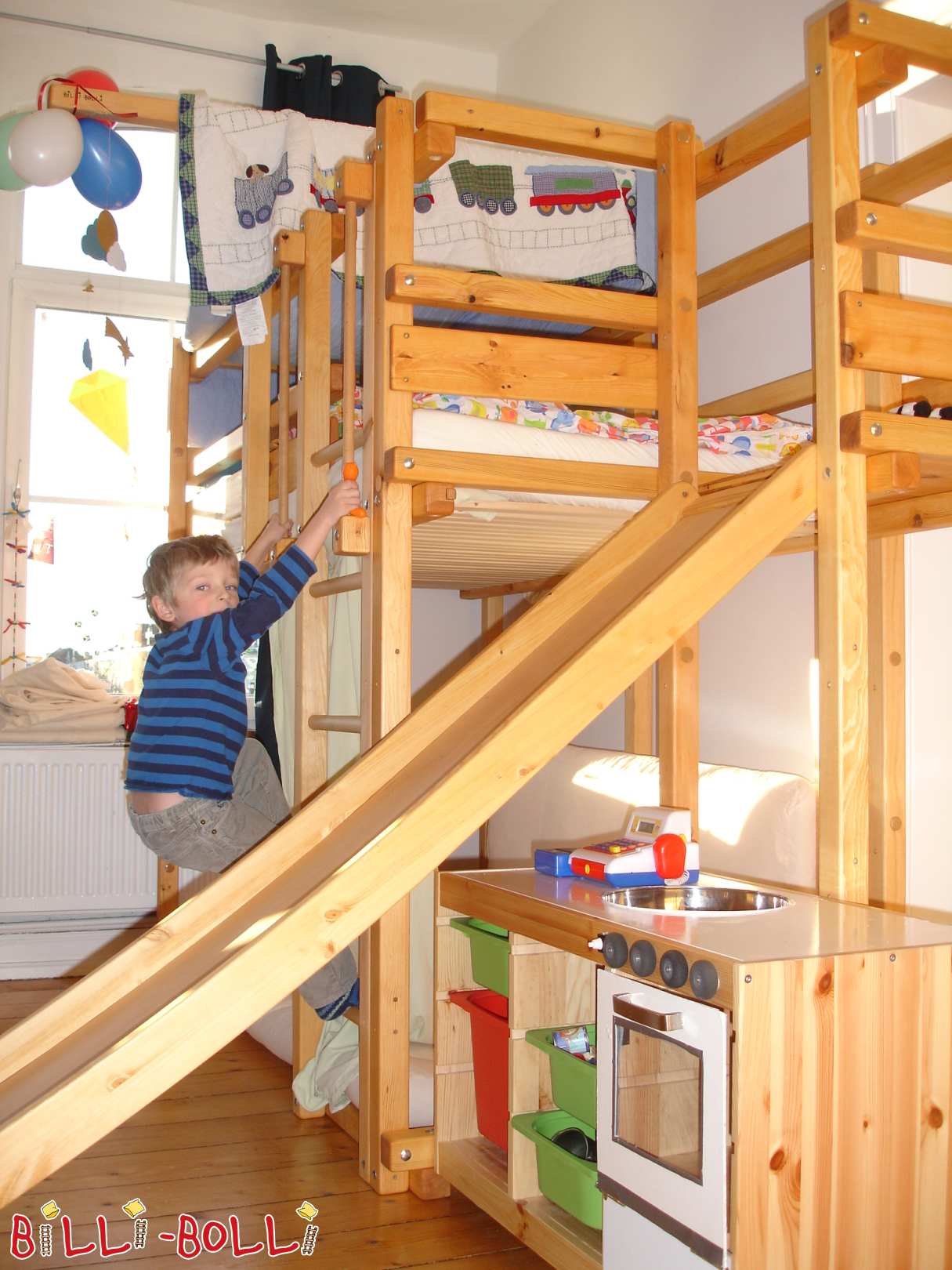 Hochbett für 2 Kinder 100x200cm, Kiefer geölt mit Rutsche und Turm (Kategorie: Hochbett mitwachsend gebraucht)