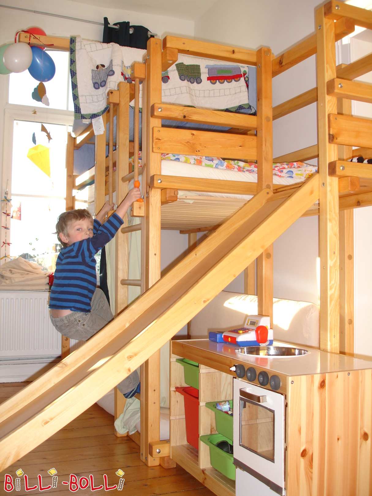 Hochbett für 2 Kinder 100x200cm, Kiefer geölt mit Rutsche und Turm (Kategorie: Hochbett mitwachsend gebraucht)