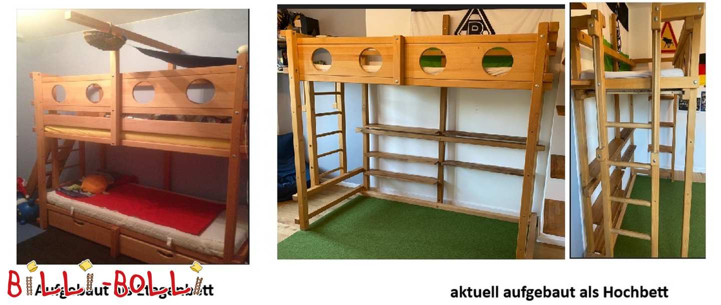 Etagenbett für zwei Kinder mit Bullaugen & Bettkästen in Buche geölt (Kategorie: Etagenbett gebraucht)