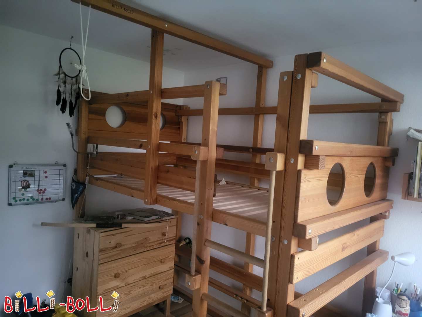 Etagenbett, Kiefer geölt, mit Rausrollschutz und Schaukel (Kategorie: Etagenbett gebraucht)
