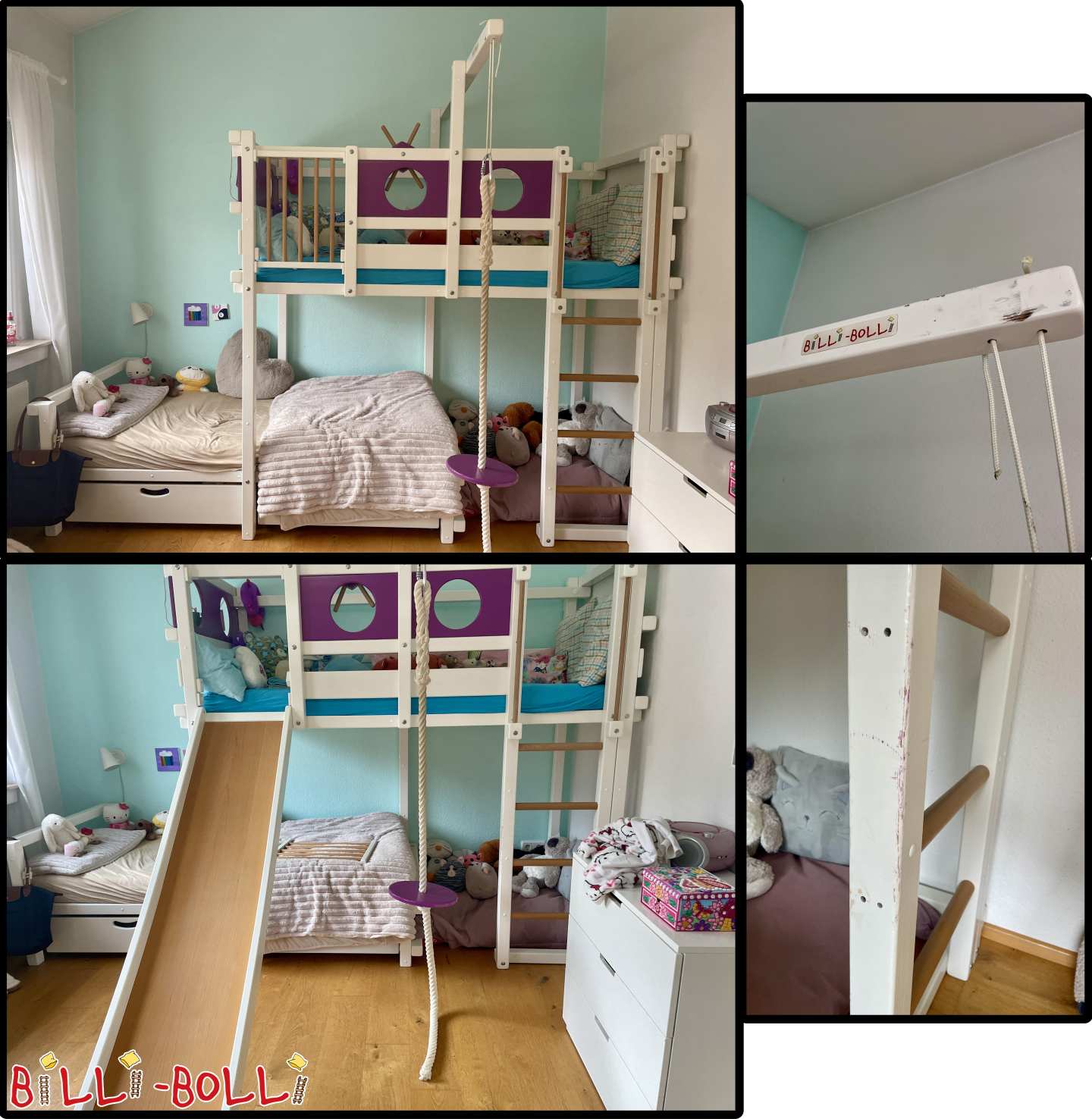 Etagenbett mit Rutsche und Schaukelteller, weiß / lila, von 11/2017 (Kategorie: Etagenbett-seitlich-versetzt gebraucht)