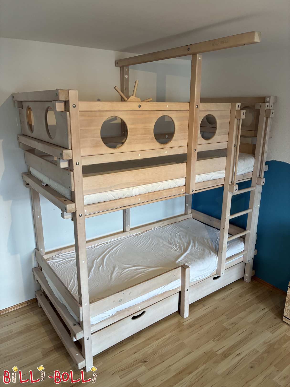 Etagenbett (Piratenschiff) 90x200cm in Kiefer, weiß lasiert (Kategorie: Etagenbett gebraucht)