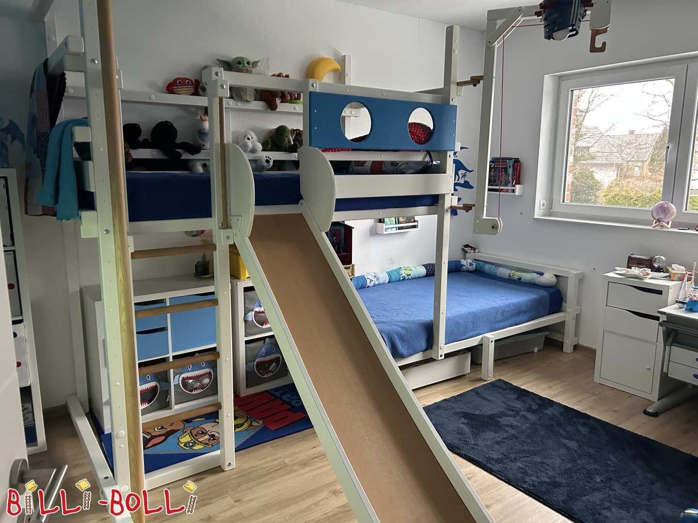 Etagenbett-seitlich-versetzt mit Stange, Rutsche, Schaukelbalken in HH (Kategorie: Etagenbett-seitlich-versetzt gebraucht)