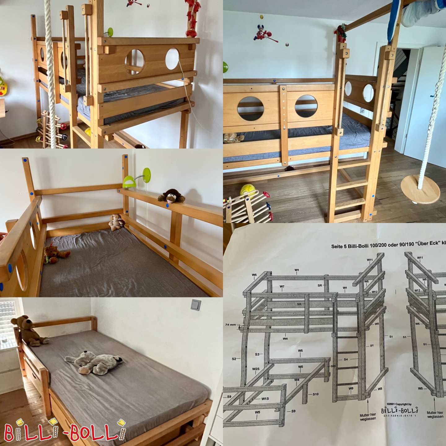 Etagenbett-über-Eck, Buche, beide Ebenen 100x200 + Umbauset (Kategorie: Etagenbett-über-Eck gebraucht)