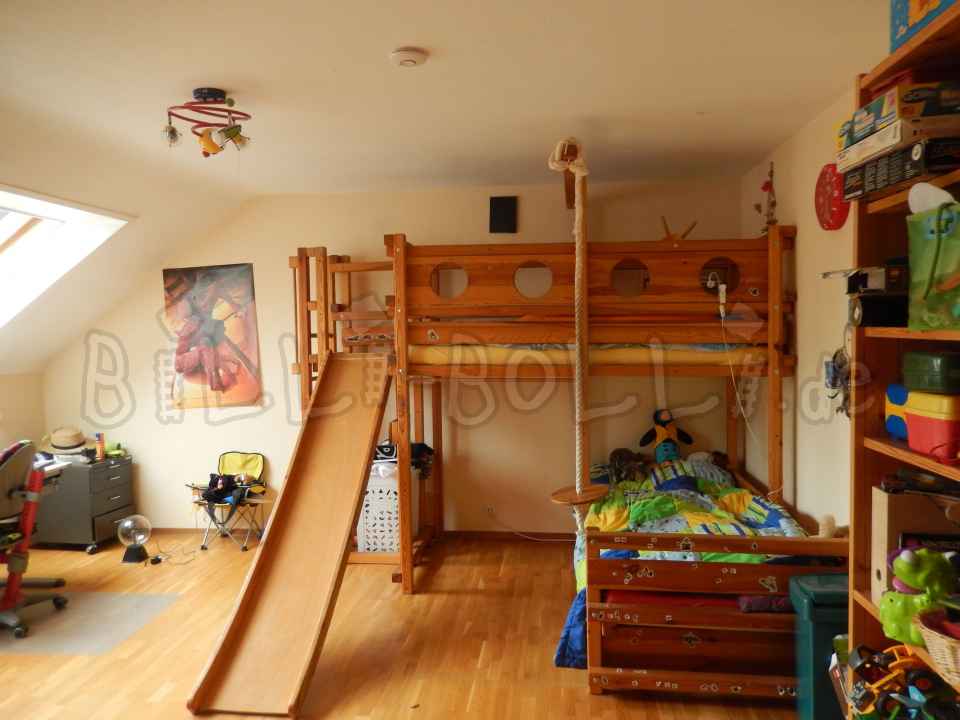 Etagenbett-über-Eck, Kiefer geölt - Rutschenturm inkl. Rutsche (Kategorie: Etagenbett gebraucht)
