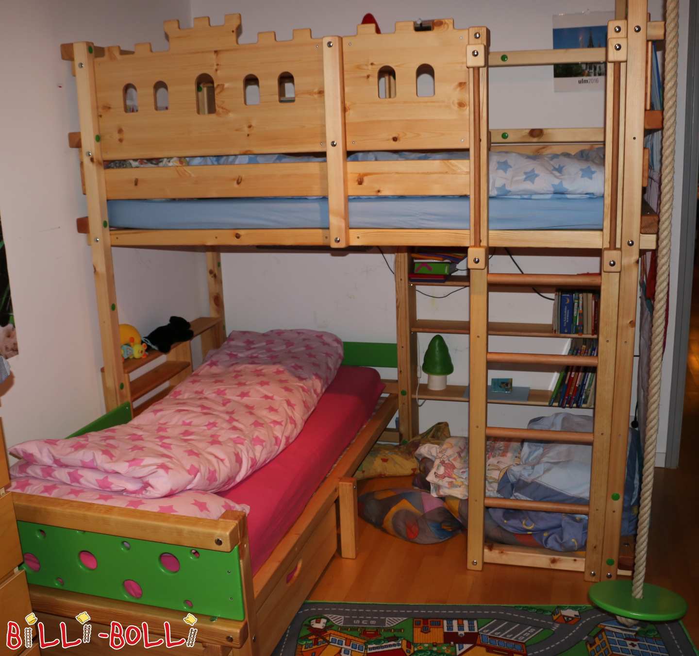Etagenbett über Eck, Kiefer geölt, Ritter/Maus, Schaukel, Bettkasten (Kategorie: Zubehör/Erweiterungsteile gebraucht)