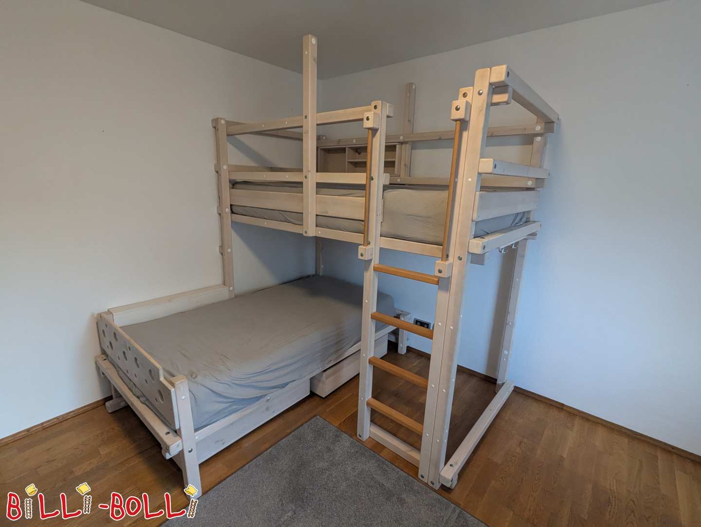 Etagenbett über Eck weiß lasiert je 100x200 cm (Kategorie: Kindermöbel gebraucht)