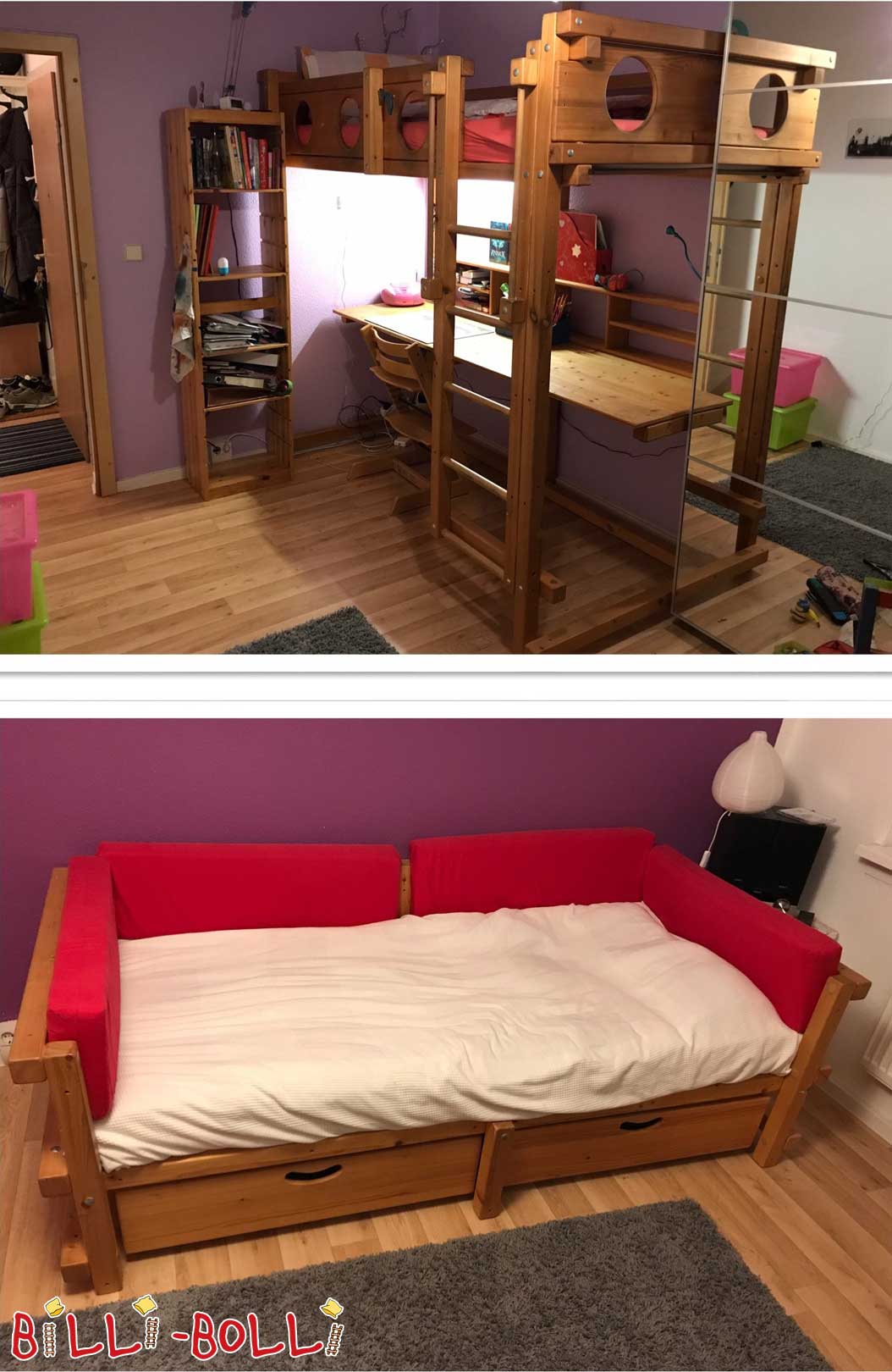 Hochbett & Jugendbett, 90 x 200 cm, Fichte geölt-gewachst (Hochbett gebraucht)