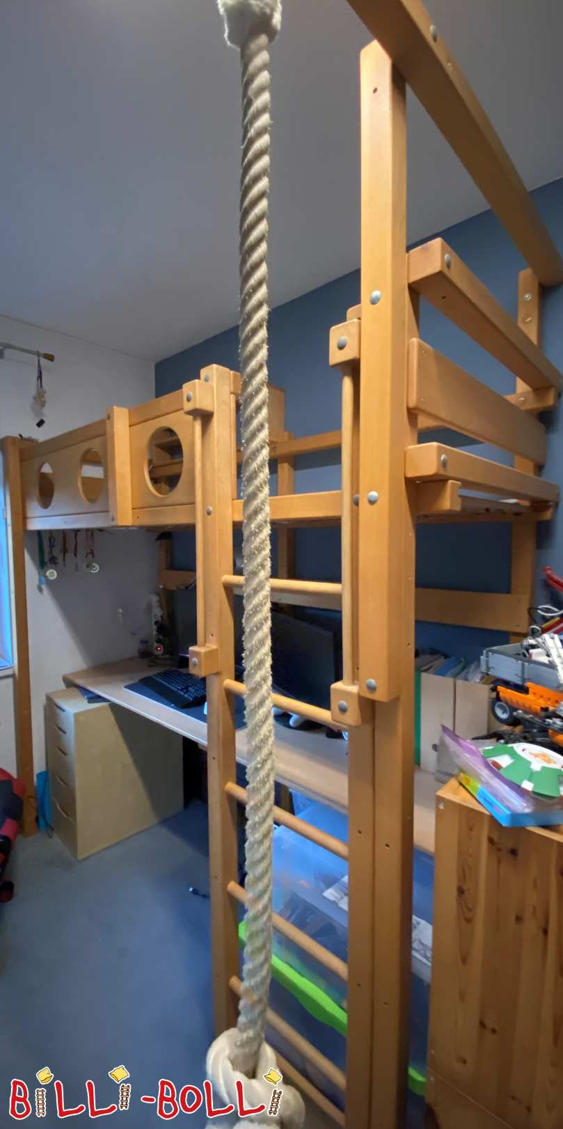 Hochbett 80x200 Buche m. Schreibtisch, Regal, Kletterseil, Fischernetz (Kategorie: Hochbett mitwachsend gebraucht)