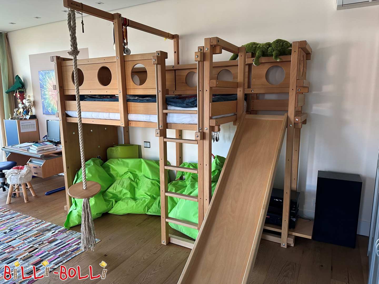 Hochbett aus Buche geölt, mit Kletterwand, Rutsche + Schaukel (Kategorie: Zubehör/Erweiterungsteile gebraucht)