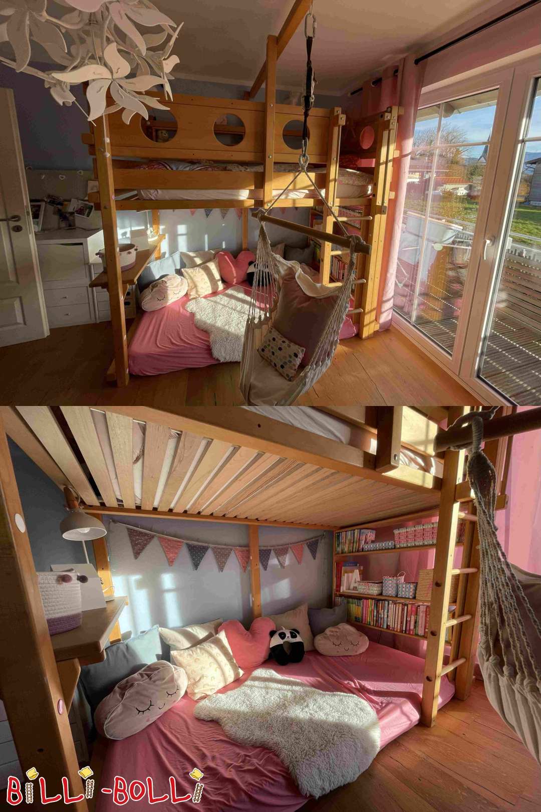 Hochbett Buche gewachst mit Bücherregal + Kaufladenbrett + Bettregal (Kategorie: Hochbett mitwachsend gebraucht)