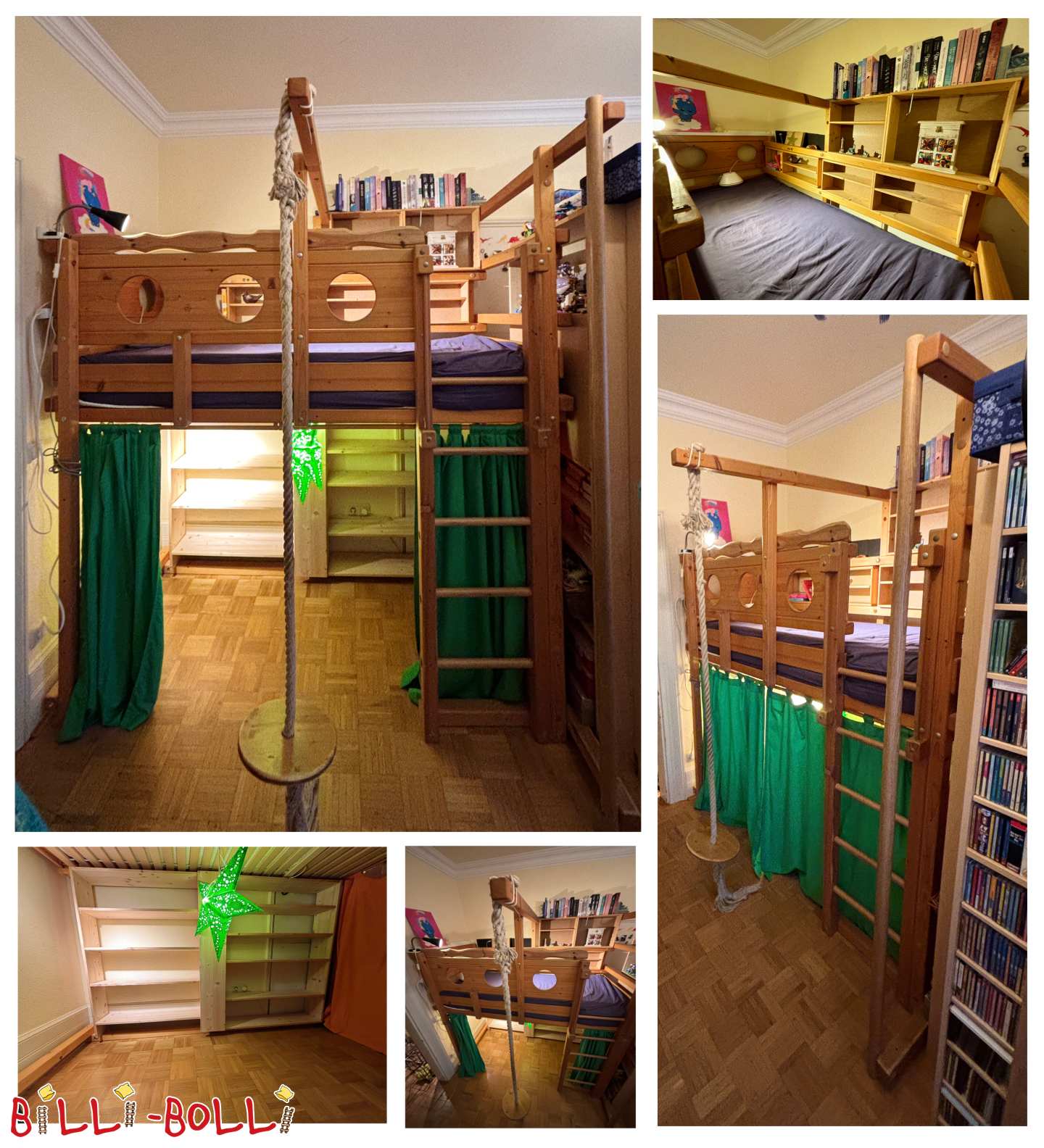 Hochbett Kiefer, Bullaugen, Feuerwehrstange, Bettregal, Tellerschaukel (Kategorie: Hochbett mitwachsend gebraucht)