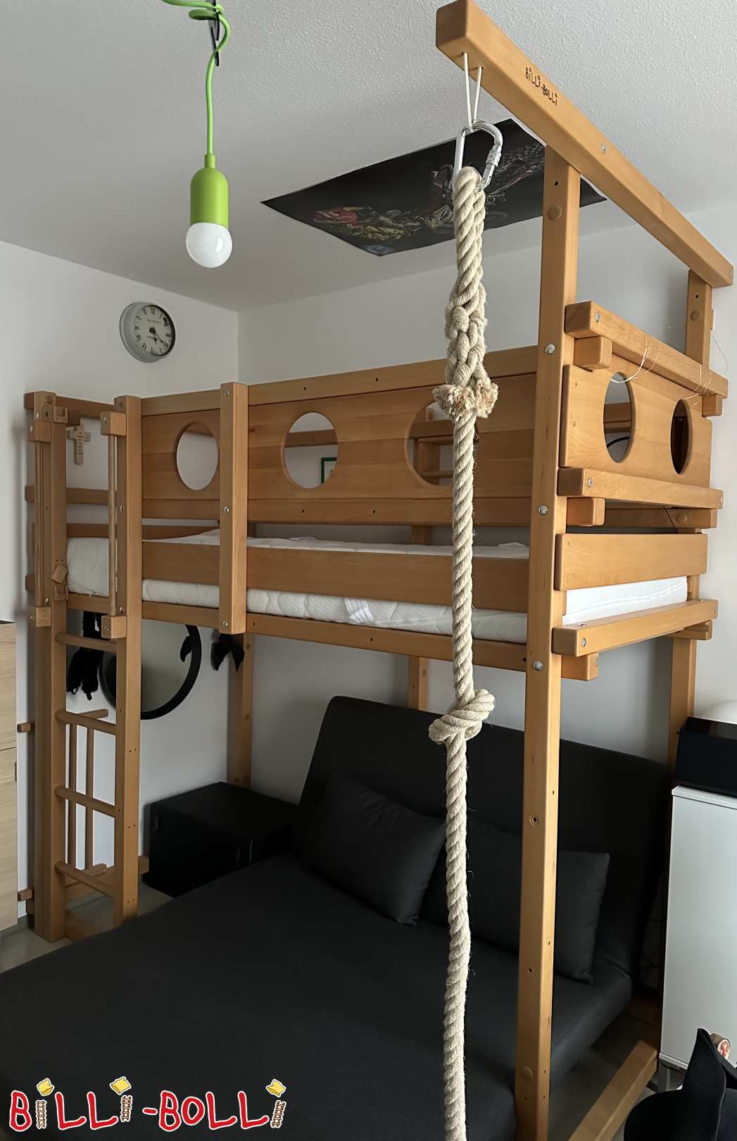 Hochbett mitwachsend 90 x 200 cm Buche mit BullaugenSchutzbrettern (Kategorie: Hochbett mitwachsend gebraucht)