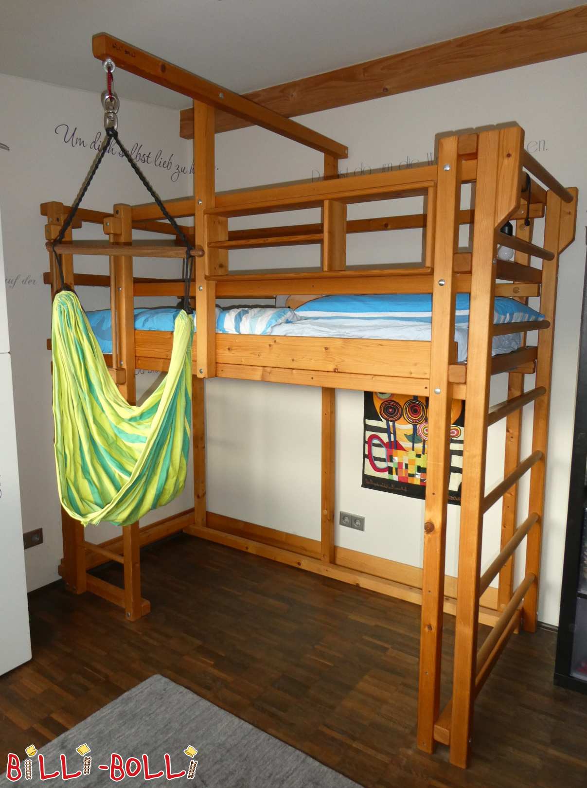 Hochbett mitwachsend mit Sprossenwand und kleinem Bettregal; Nürnberg (Kategorie: Hochbett mitwachsend gebraucht)