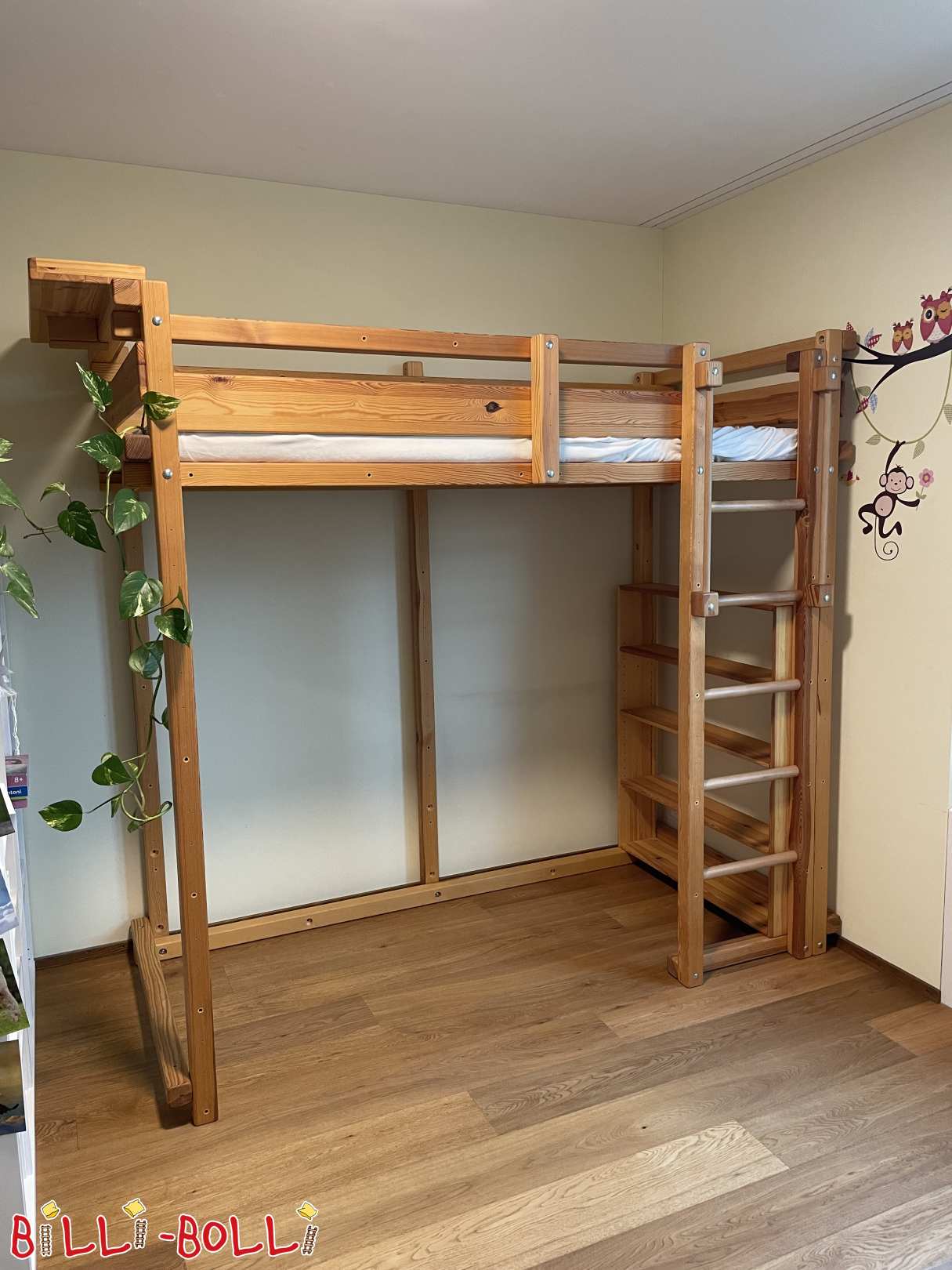 Jugendhochbett mit Nachttisch, Vorhangschiene und grosses Bettregal (Kategorie: Jugend-Hochbett gebraucht)