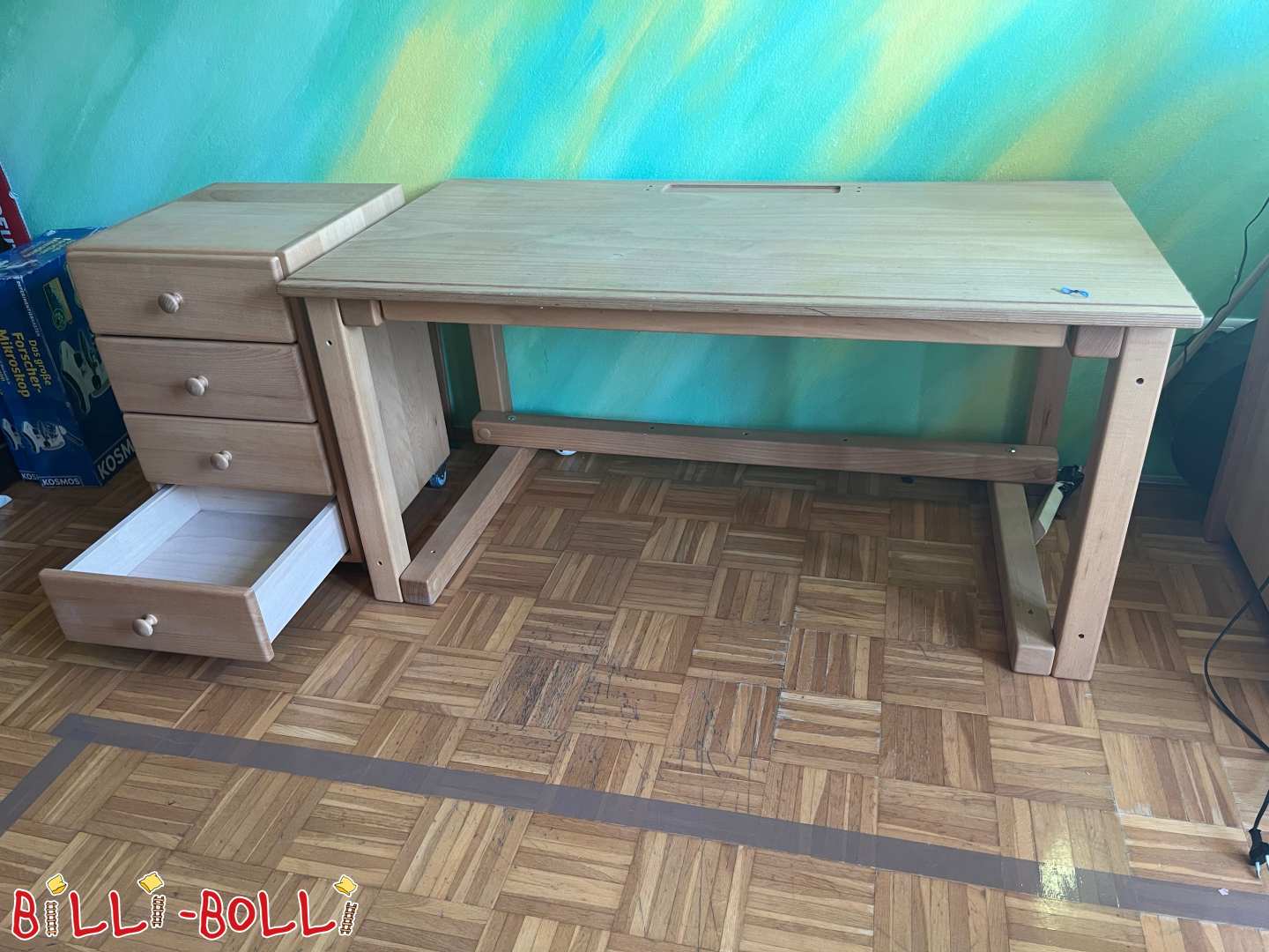 Kinderschreibtisch höhenverstellbar, 65x123 cm, & Rollcontainer, Buche (Kategorie: Kindermöbel gebraucht)