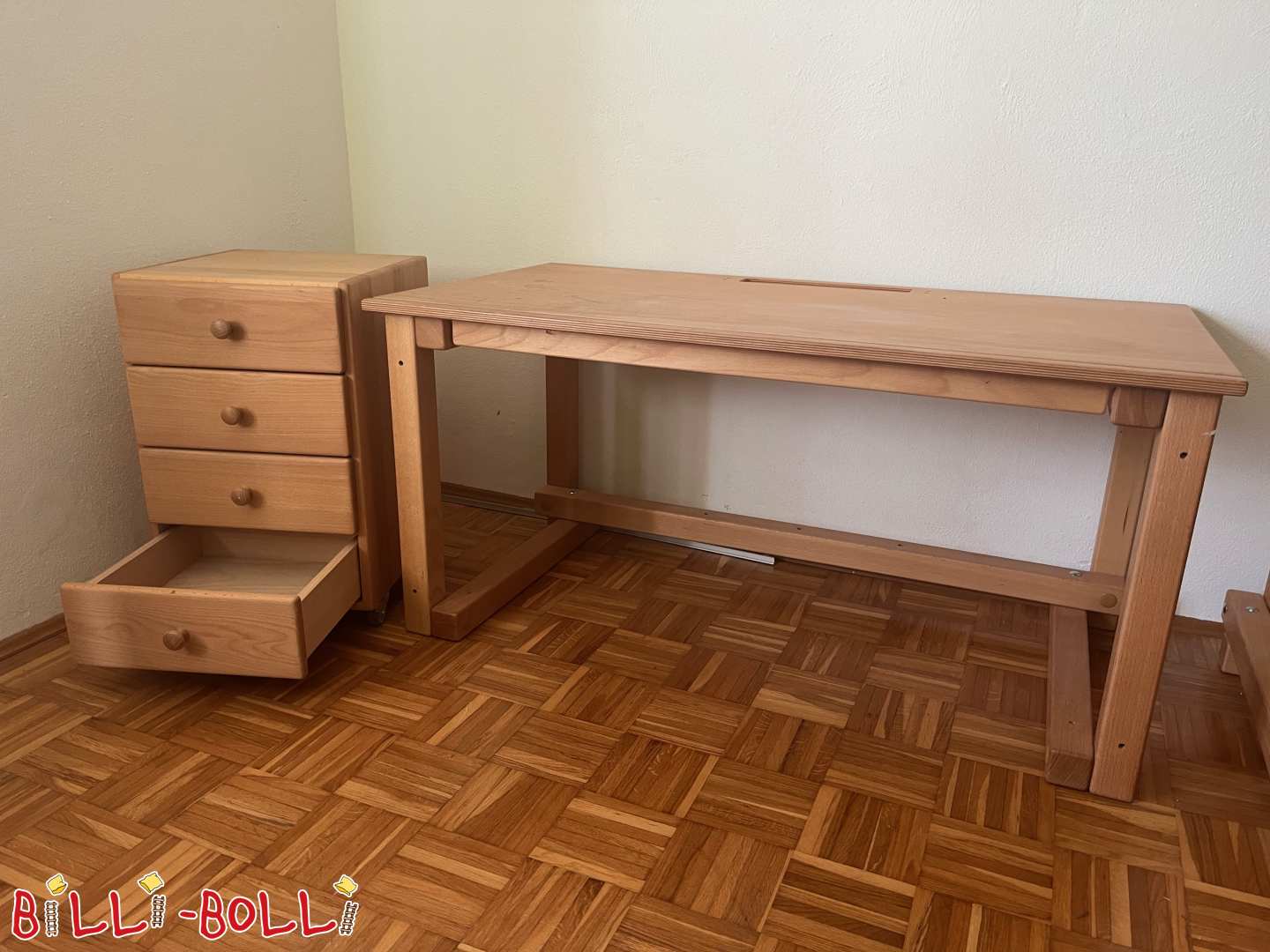 Kinderschreibtisch höhenverstellbar, 65x123 cm & Rollcontainer, Buche (Kategorie: Kindermöbel gebraucht)
