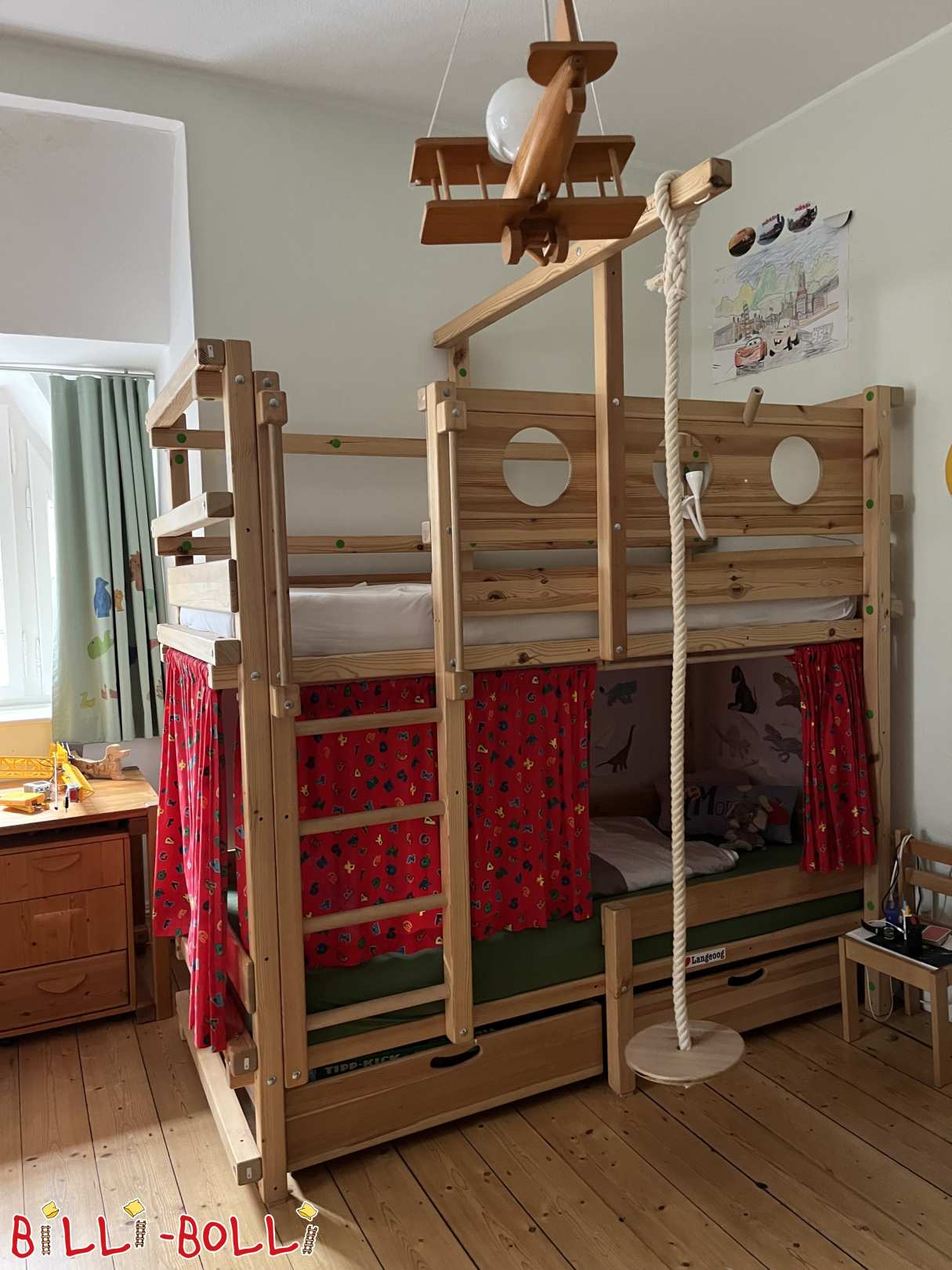 Kuscheliges Etagenbett 90x200 cm mit Kojenbrett & Kletterseil, Kiefer (Kategorie: Etagenbett gebraucht)