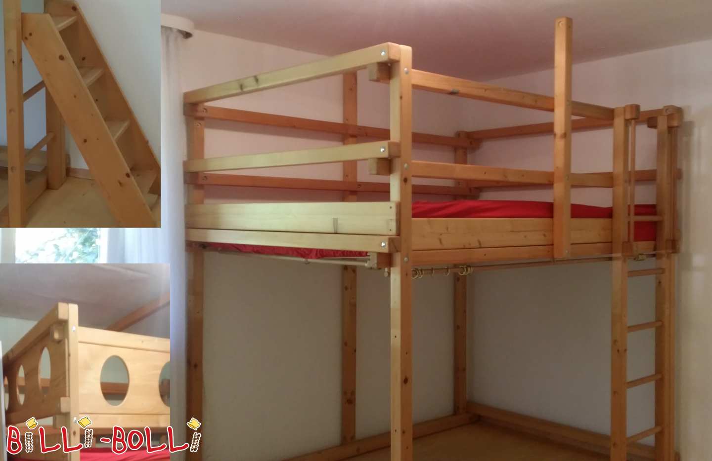 Inserat 7033: Mitwachsendes Hochbett 140 x 200 mit Bullaugenbrettern, Treppe, Regal Mitwachsendes Hochbett 140 x 200 mit Bullaugenbrettern, Treppe, Regal (Kategorie: Hochbett mitwachsend gebraucht)