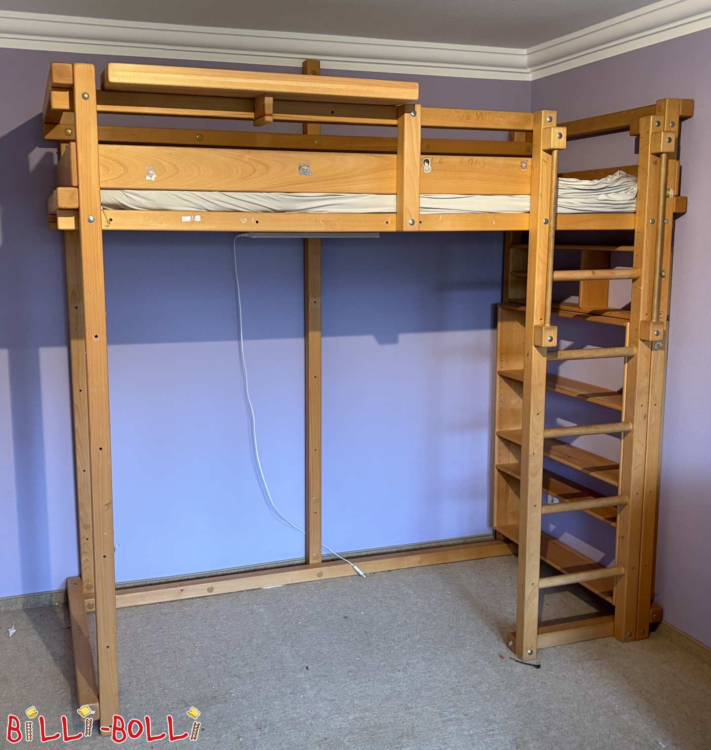 Mitwachsendes Hochbett 90 x 200 m, in Buche geölt, 1 Balken gekürzt (Kategorie: Hochbett mitwachsend gebraucht)