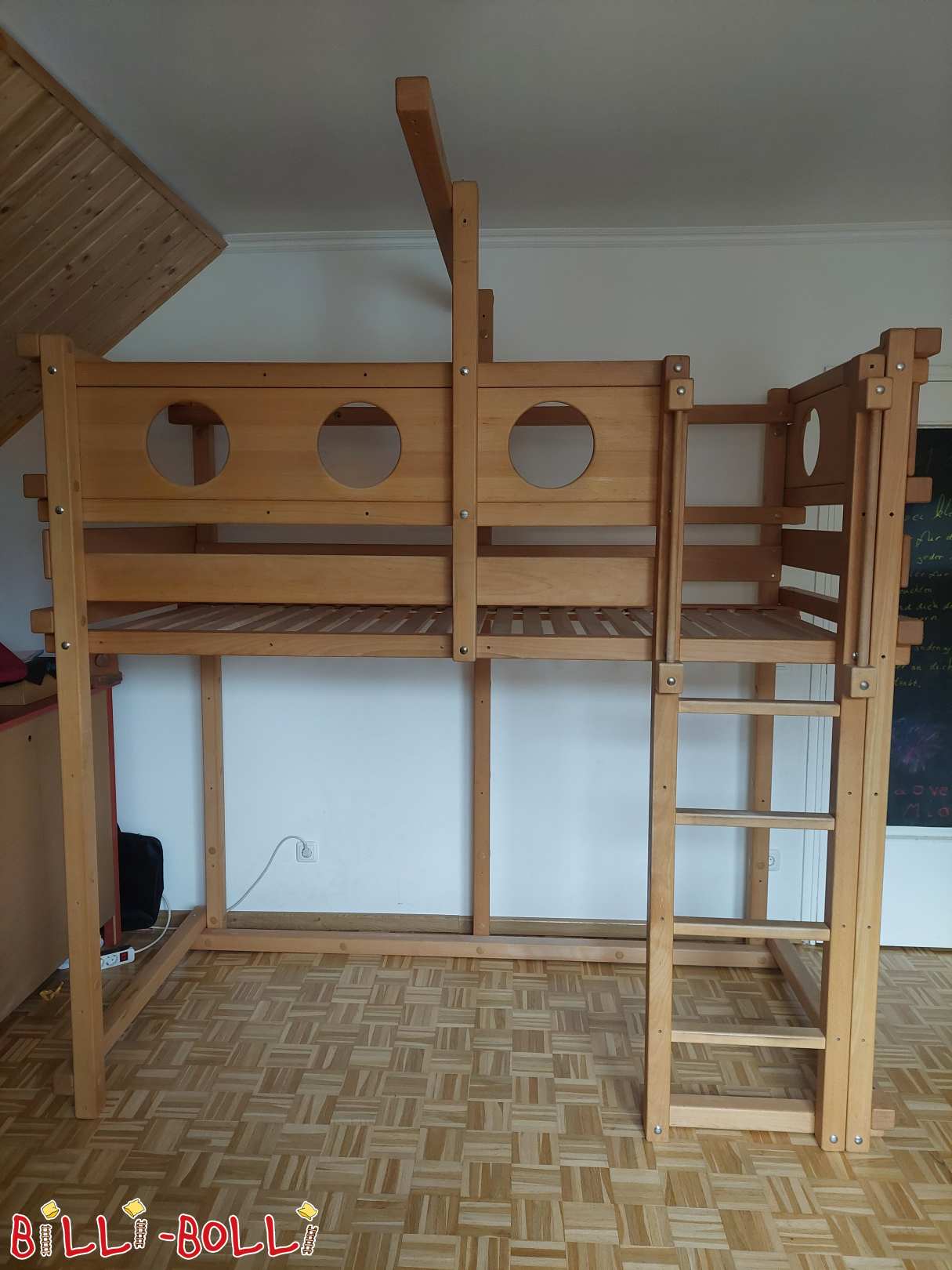 Mitwachsendes Hochbett 90×200, 2016, Buche geölt, mit Kojenbrettern (Kategorie: Hochbett mitwachsend gebraucht)