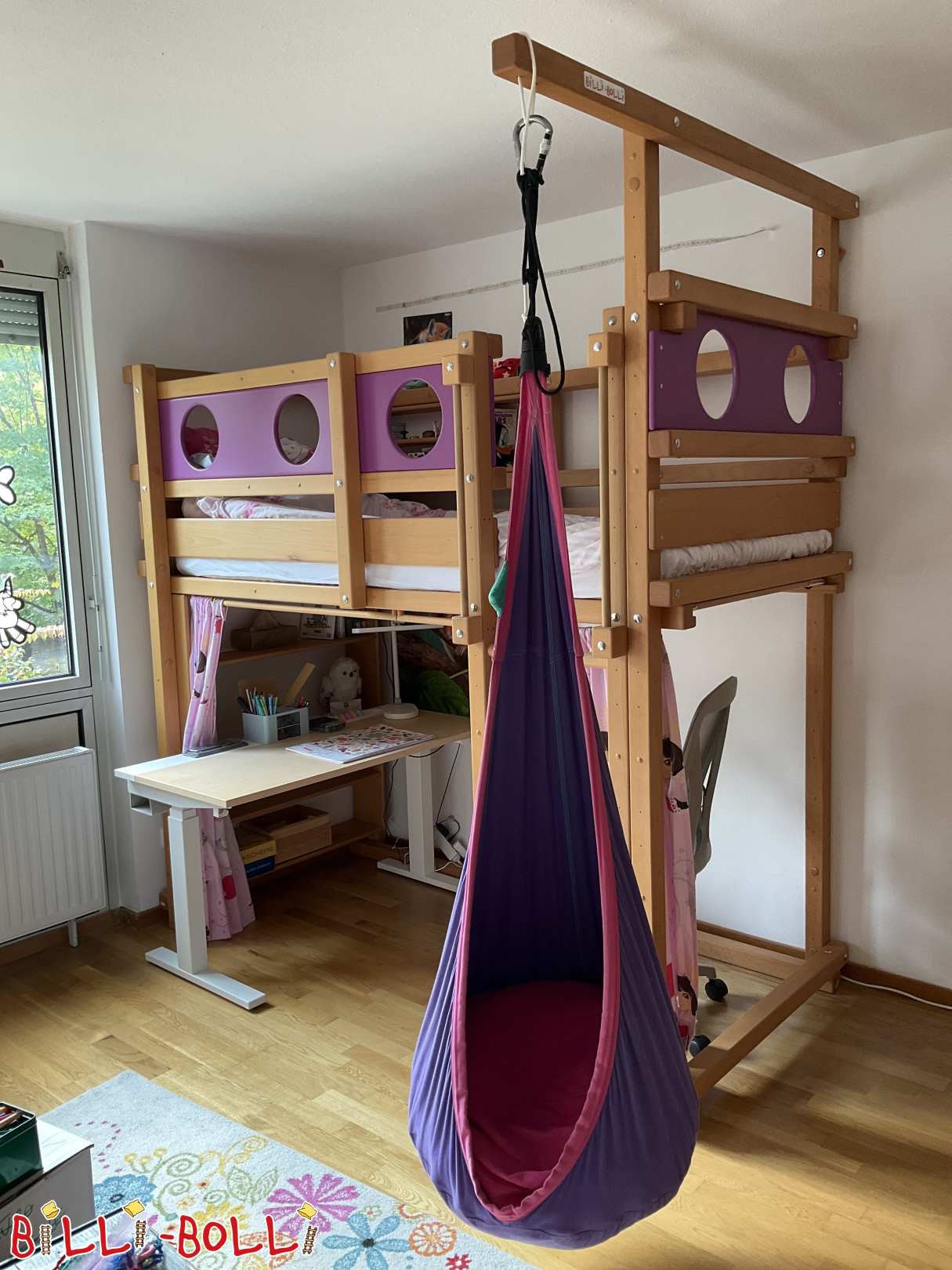 Mitwachsendes Hochbett 90x200, Buche mit lila Bullaugen & Hängehöhle (Kategorie: Hochbett mitwachsend gebraucht)