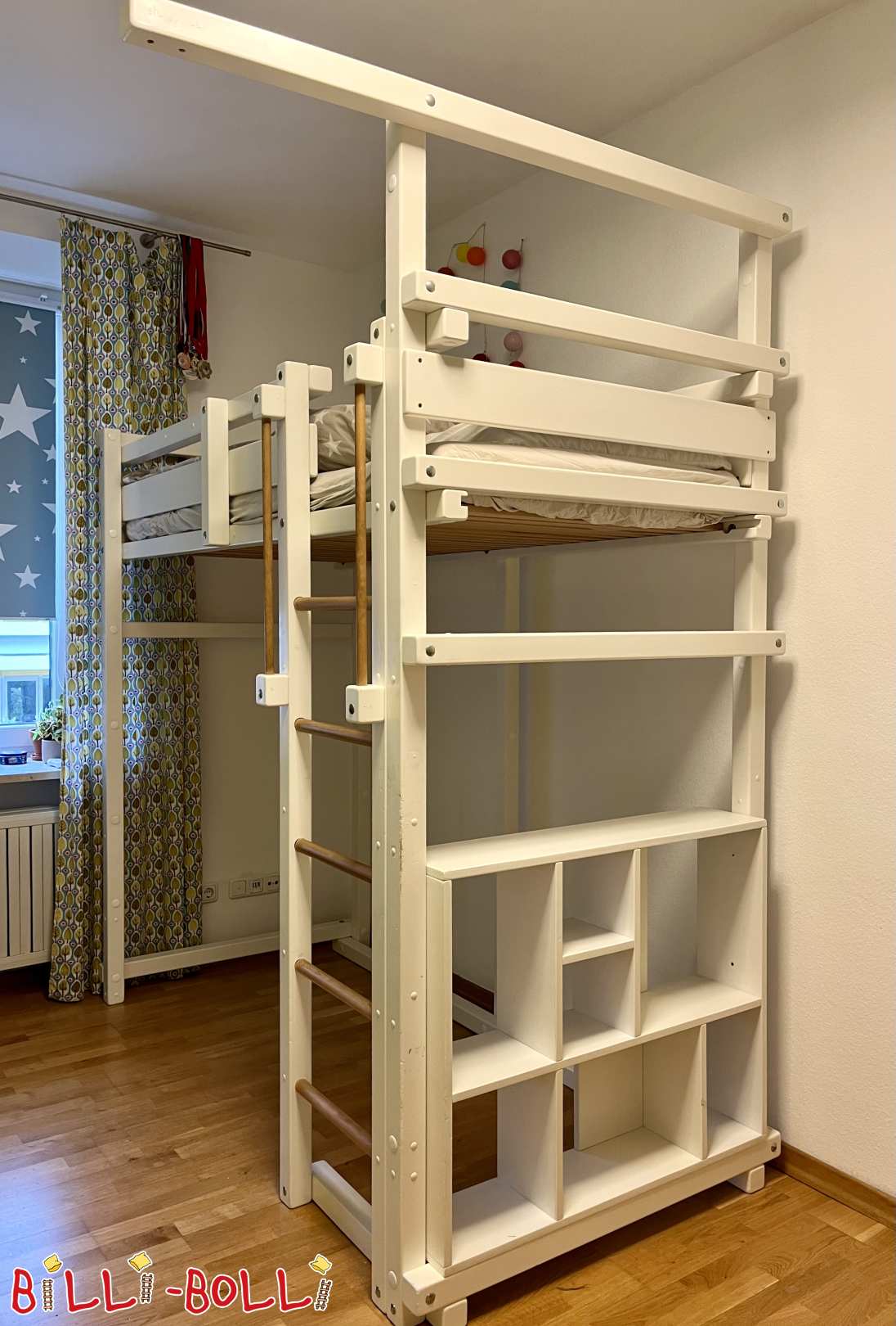Mitwachsendes Hochbett 90x200 in Buche weiß lackiert (Kategorie: Hochbett mitwachsend gebraucht)
