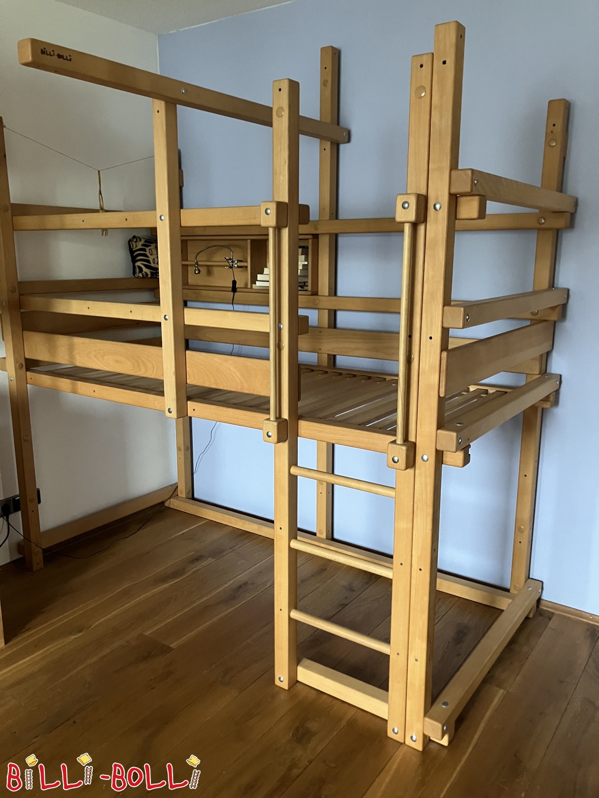 Mitwachsendes Hochbett Buche geölt mit Bettregal (und Vorhangstangen) (Kategorie: Hochbett mitwachsend gebraucht)