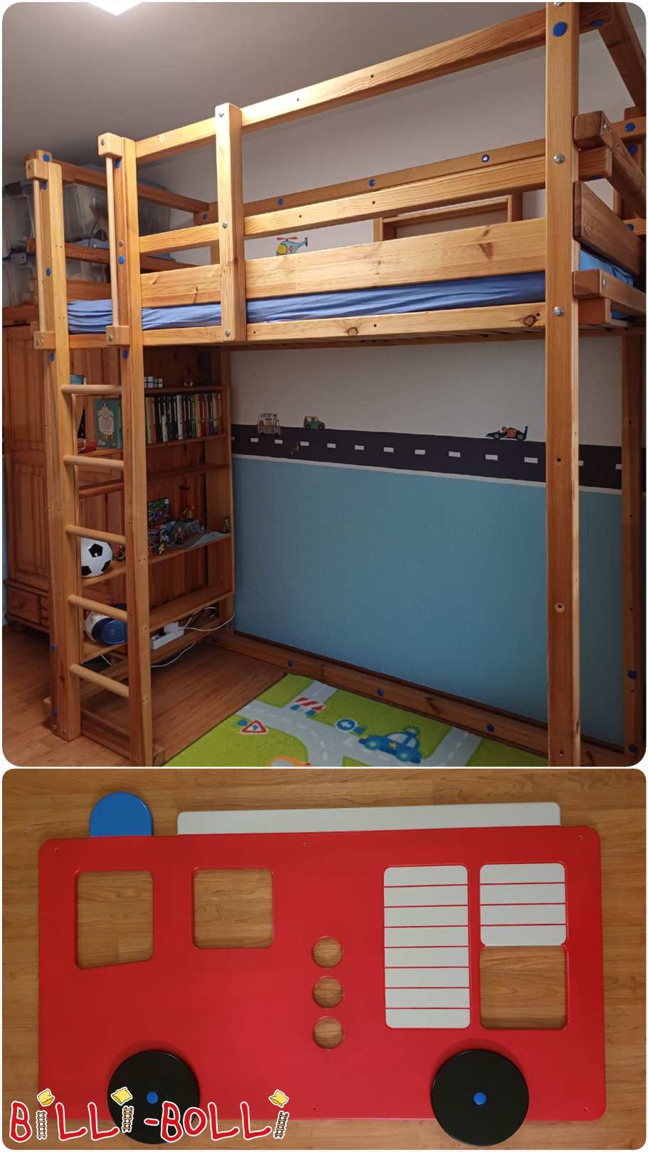 Mitwachsendes Hochbett, extra hoch, mit Feuerwehrauto & zwei Regalen (Kategorie: Hochbett mitwachsend gebraucht)