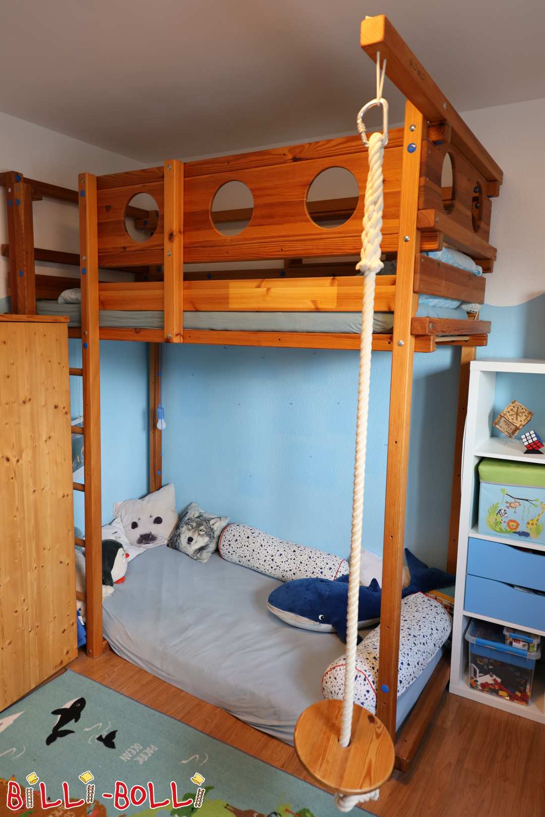 Mitwachsendes Hochbett, extra hoch, mit Kojenbrettern & kleinem Regal (Kategorie: Hochbett mitwachsend gebraucht)