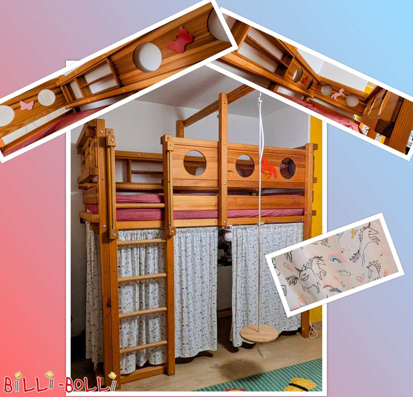 Mitwachsendes Hochbett in Kiefer mit Kojenbrettern, Regal und Pferden (Kategorie: Hochbett mitwachsend gebraucht)